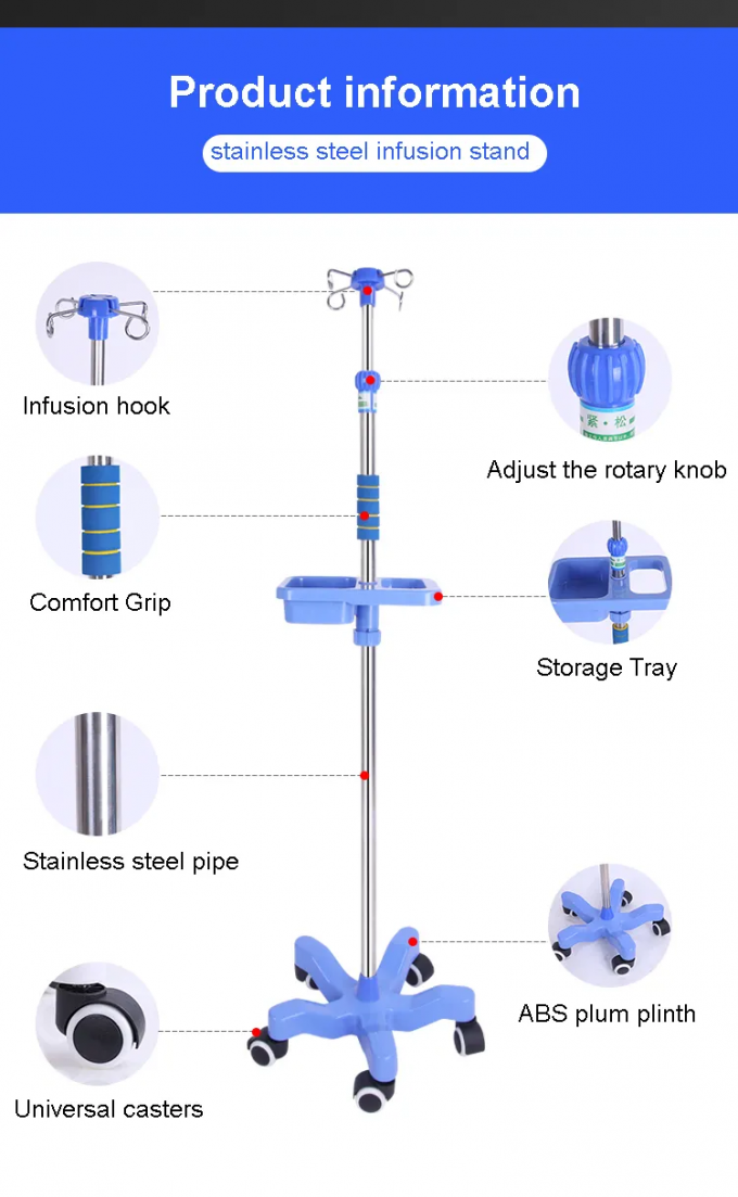 Hospital Four Legged Mobile Stainless Steel Infusion Set IV Pole Drip